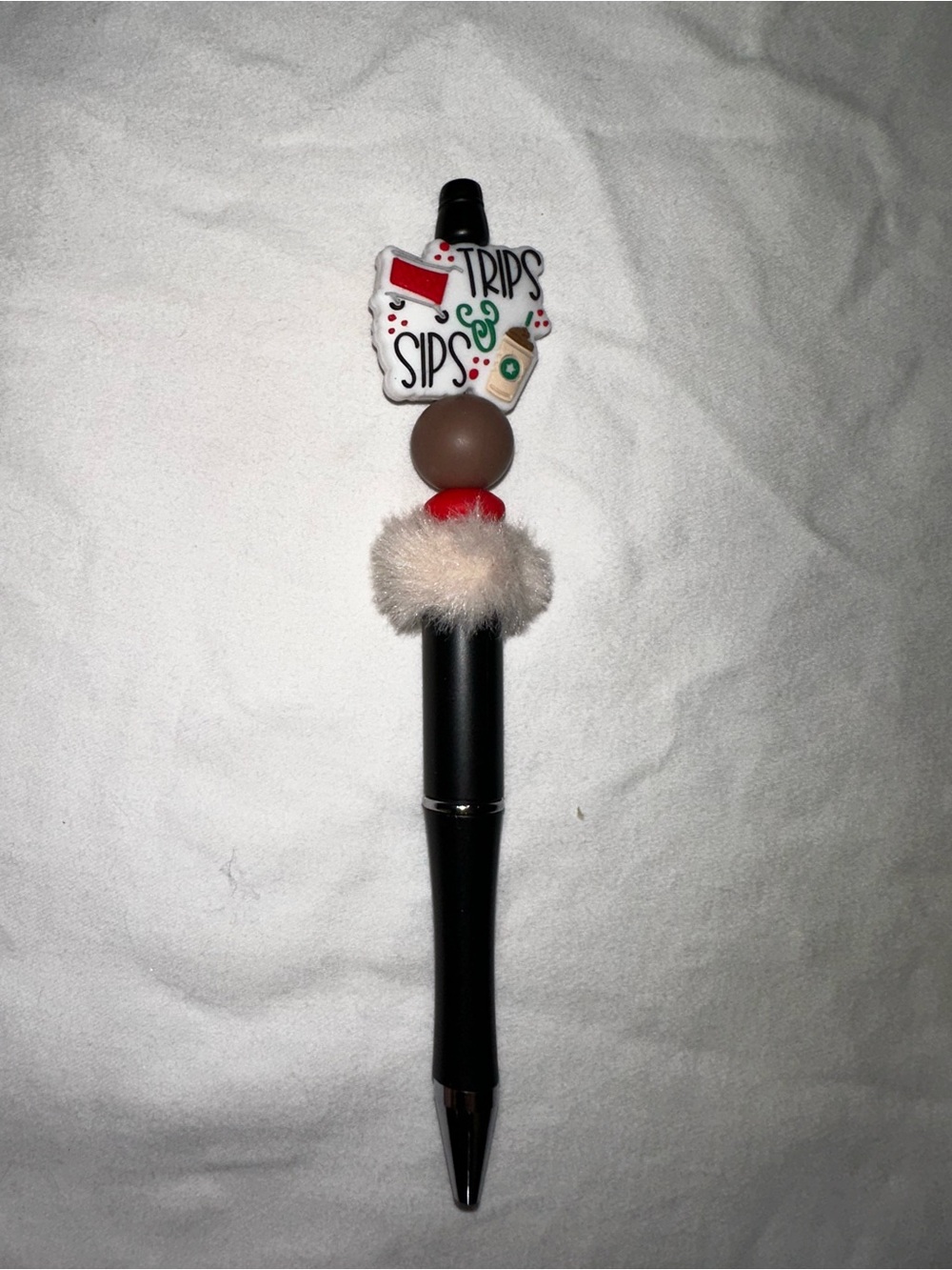 Trips & Sips Decorative Black Ballpoint Pen with Fuzzy Accent